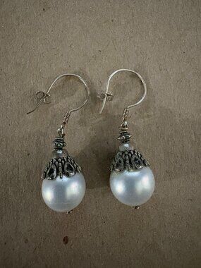 Bali faux pearl & sterling silver drop earrings